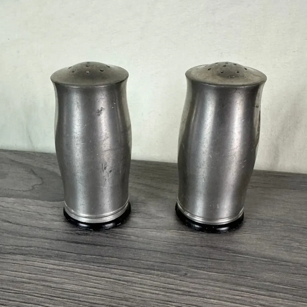 Silver Metal Salt & Pepper Shakers with Screw In Black Plastic Cylinder Insert